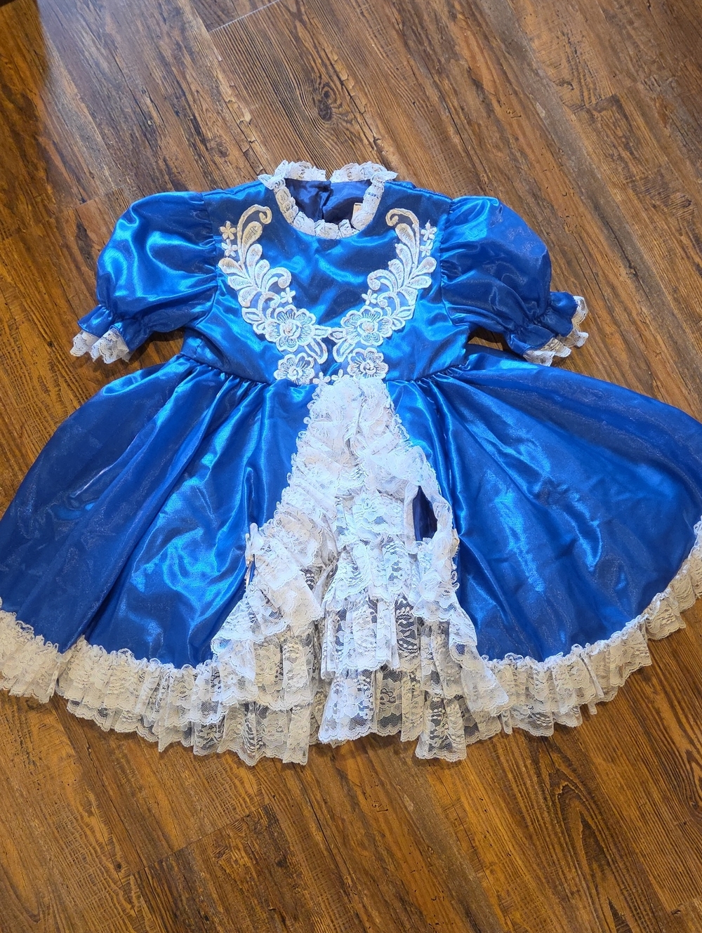 Royal Blue Satin Girls' Lace-Trim Dress